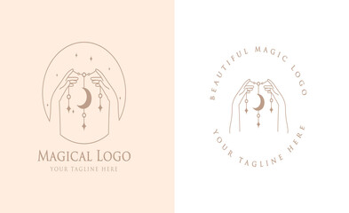 feminine Beauty boho logo collection with magical hand, nails, rose, crystal, moon, sun, star Vector illustration for icon, logo, sticker, printable and tattoo