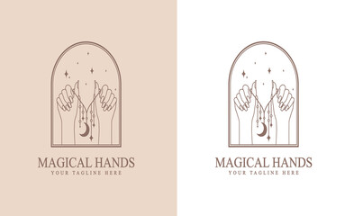 feminine Beauty boho logo collection with magical hand, nails, rose, crystal, moon, sun, star Vector illustration for icon, logo, sticker, printable and tattoo