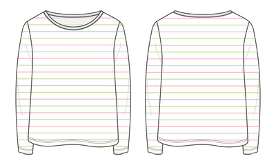 Long sleeve t shirt with all over colorful stripe technical fashion flat sketch vector illustration template for ladies and baby girls. Apparel design Mock up. Ladies Unisex tops CAD. Easy editable
