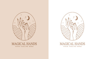 feminine Beauty boho logo collection with magical hand, nails, rose, crystal, moon, sun, star Vector illustration for icon, logo, sticker, printable and tattoo
