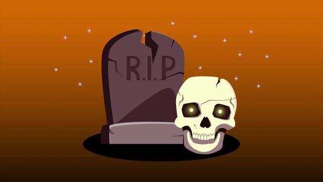 happy halloween animation with graveyard and skull