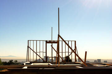 Third story deck framing with a view of Los Angeles