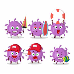 Happy Face virus particle cartoon character playing on a beach