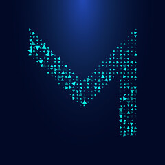 Futuristic triangular letter M in halftone. Letter illustration isolated on dark background.