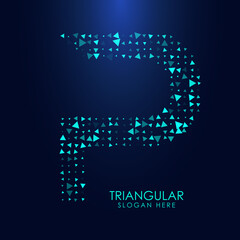 Futuristic triangular letter P in halftone. Letter illustration isolated on dark background.