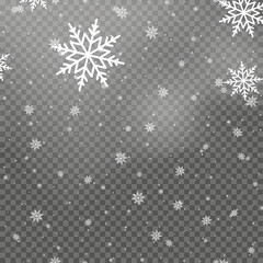 Falling white snowflakes for Christmas on transparent background. Vector