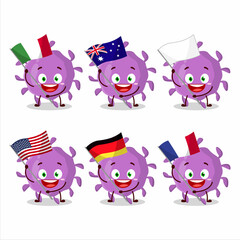 Virus particle cartoon character bring the flags of various countries