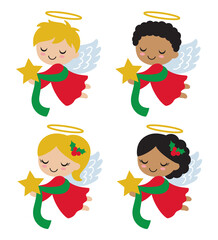 Cute boy and girl Christmas angels in red and greed robe holding a star vector illustration.