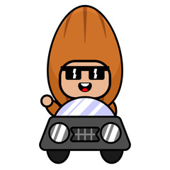 Naklejka premium cartoon character illustration vector cute almond nut mascot costume driving a car