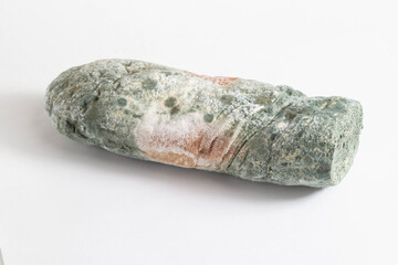 Green moldy bread on a white background, isolate. Loaf with mold, macro