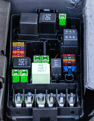 Automotive multi-colored fuse box with different resistance, close-up, Voltage