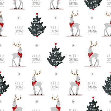 Christmas pattern with reindeers and trees. Cute deers with antlers and scarves. Winter print. New Year seamless background. Vector illustration in flat cartoon style.