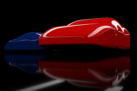 recommend clip art: 3d illustration of the outlines of two blue and red racing cars with reflections on a black background