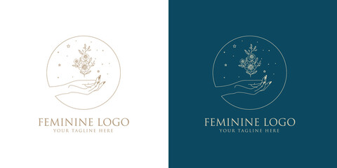 Botanical Hand Drawn collection Logo with Wild Flower and Leaves. Logo for spa and beauty salon, boutique, organic shop, wedding, floral designer, interior, photography, cosmetic. Floral element