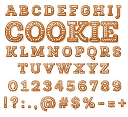 English Alphabet with Capital Letters and Numbers. Set of Gingerbread Cookies. Christmas Font.