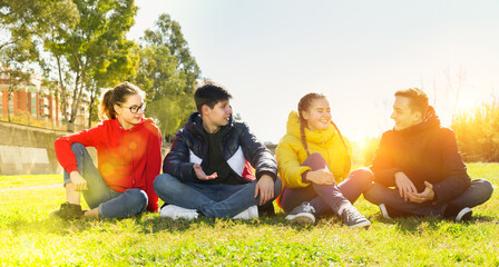 Group of teenagers chatting while sitting on green spring lawn