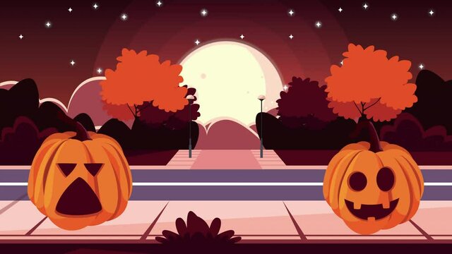 happy halloween animation with pumpkins on the street