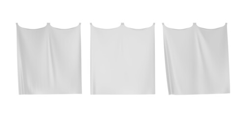 White waving fabric mockup, blank hanging cotton flags or textile banners. Medieval vertical pennants or silk curtains with drapery, isolated on white background. Realistic illustration, 3d render
