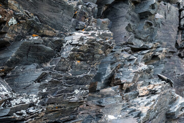 Beautiful rock texture with cracks and visible layers of rocks. Natural abstract landscape background. Texture, background, pattern.