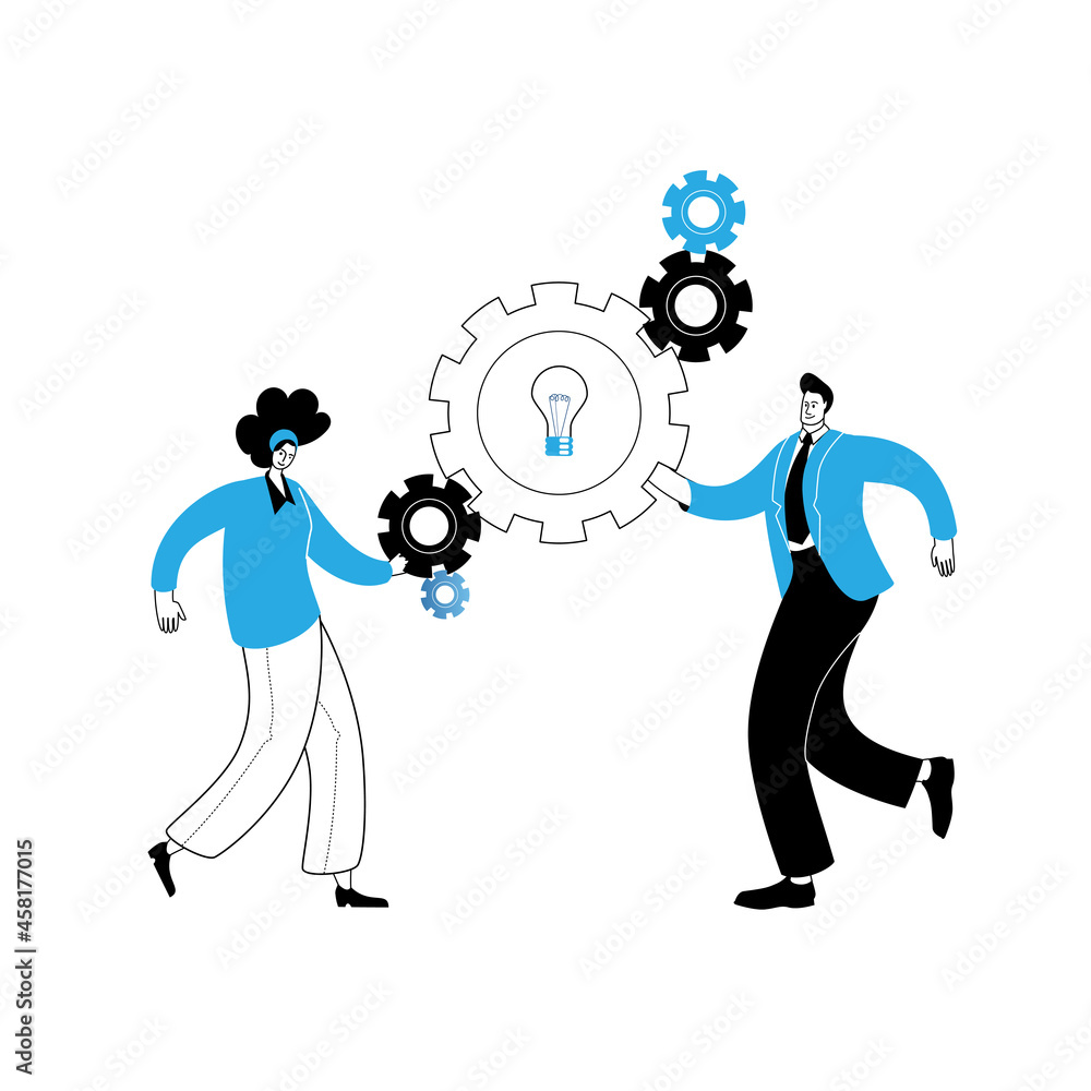 Poster boy and girl connect parts of the mechanism. concept of a vector illustration in a flat style on the