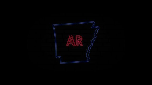 Glowing neon line Arkansas state lettering isolated on black background. USA. Animated map showing the state of Arkansas from the united state of america