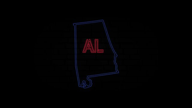 Glowing neon line Alabama state lettering isolated on black background. USA. Animated map showing the state of Alabama from the united state of america