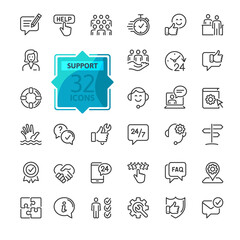 Customer Service and Support - Outline Icon Collection. Thin Line Set contains such Icons as Online Help, Helpdesk, Quick Response, Feedback and more. Simple web icons set.