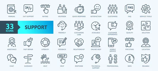 Deurstickers Customer Service and Support - Outline Icon Collection. Thin Line Set contains such Icons as Online Help, Helpdesk, Quick Response, Feedback and more. Simple web icons set. © Happy Art