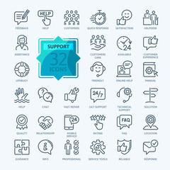 Customer Service and Support - Outline Icon Collection. Thin Line Set contains such Icons as Online Help, Helpdesk, Quick Response, Feedback and more. Simple web icons set. - obrazy, fototapety, plakaty