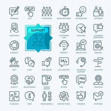 Customer Service and Support - Outline Icon Collection. Thin Line Set contains such Icons as Online Help, Helpdesk, Quick Response, Feedback and more. Simple web icons set.