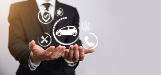 Digital composite of Man holding car icon.Car automobile insurance and car services concept. Businessman with offering gesture and icon of car