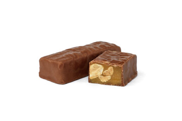 Chocolate sweet with caramel and peanut isolated on white background.