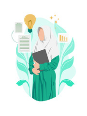 Muslim woman in green wearing a book