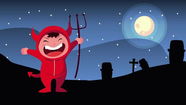 cute child disguised as devil in cemetery
