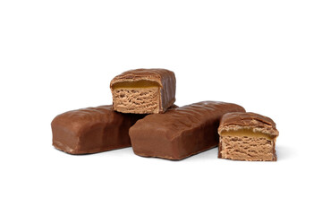 Chocolate sweet with nougat and caramel isolated on white background.