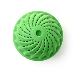 Top view of green plastic washing laundry ball