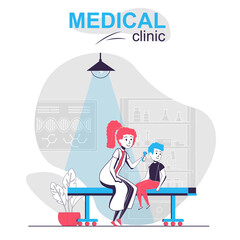 Medical clinic isolated cartoon concept. Boy at pediatrician appointment, doctor office, people scene in flat design. Vector illustration for blogging, website, mobile app, promotional materials.