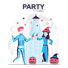 Party isolated cartoon concept. Man and woman celebrate Halloween, drink and have fun, people scene in flat design. Vector illustration for blogging, website, mobile app, promotional materials.