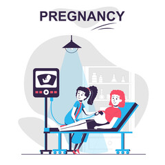Pregnancy and motherhood isolated cartoon concept. Pregnant woman doing ultrasound in clinic, people scene in flat design. Vector illustration for blogging, website, mobile app, promotional materials.