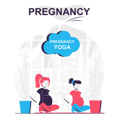 Pregnancy yoga isolated cartoon concept. Pregnant women sit in lotus position and meditate, people scene in flat design. Vector illustration for blogging, website, mobile app, promotional materials.