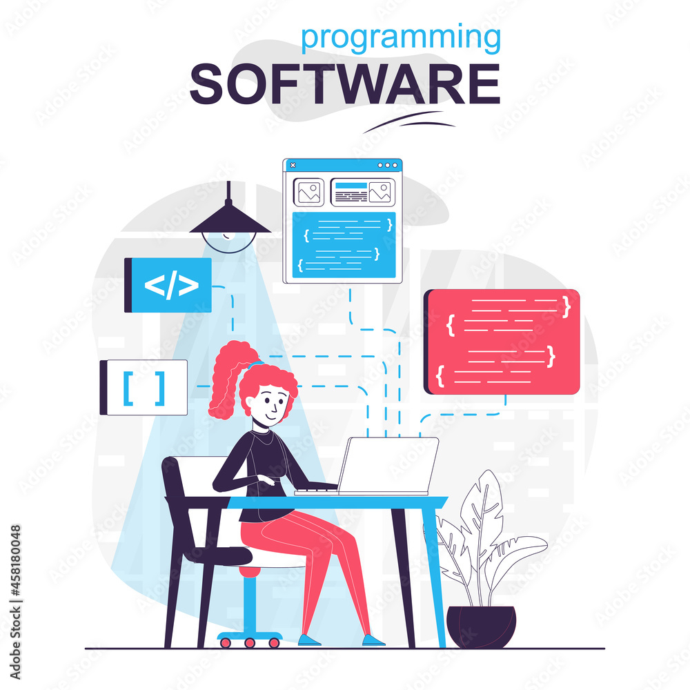 Fototapete programming software isolated cartoon concept. developer writes and optimizes code project, people s