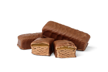 Chocolate sweet with nougat and caramel isolated on white background.