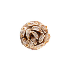 Delicious cake with nuts isolated on white, top view.
