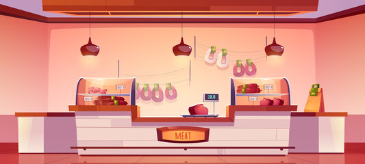 Meat shop, butchery store interior with farm production on showcase, cashier desk and scales. Fresh sausages hang on wall, farmer meaty products, food in supermarket stall, Cartoon vector illustration