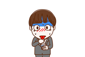 ＜上半身・正面＞喉に何かが詰まって冷や汗を垂らしながら苦しみ水を飲もうとする男子学生