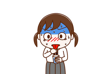 ＜上半身・正面＞喉に何かが詰まって冷や汗を垂らしながら苦しみ水を飲もうとする女子学生