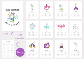 Fototapeta na wymiar Believe in meowgic! Calendar 2022 template. Monthly calendar 2022 with cute white magic cats. Bonus - 2023 calendar. Vector illustration 10 EPS.