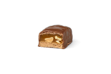 Chocolate sweet with caramel and peanut isolated on white background.