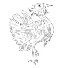 Contour linear illustration for coloring book with decorative pretty bird. Beautiful cute bird,  anti stress picture. Line art design for adult or kids  in zen-tangle style, tatoo and coloring page.