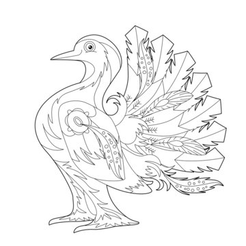 Contour linear illustration for coloring book with decorative pretty dove. Beautiful cute bird,  anti stress picture. Line art design for adult or kids  in zen-tangle style, tatoo and coloring page.